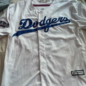 Corey Seager , LA Dodgers white jersey with 2016 postseason patch.